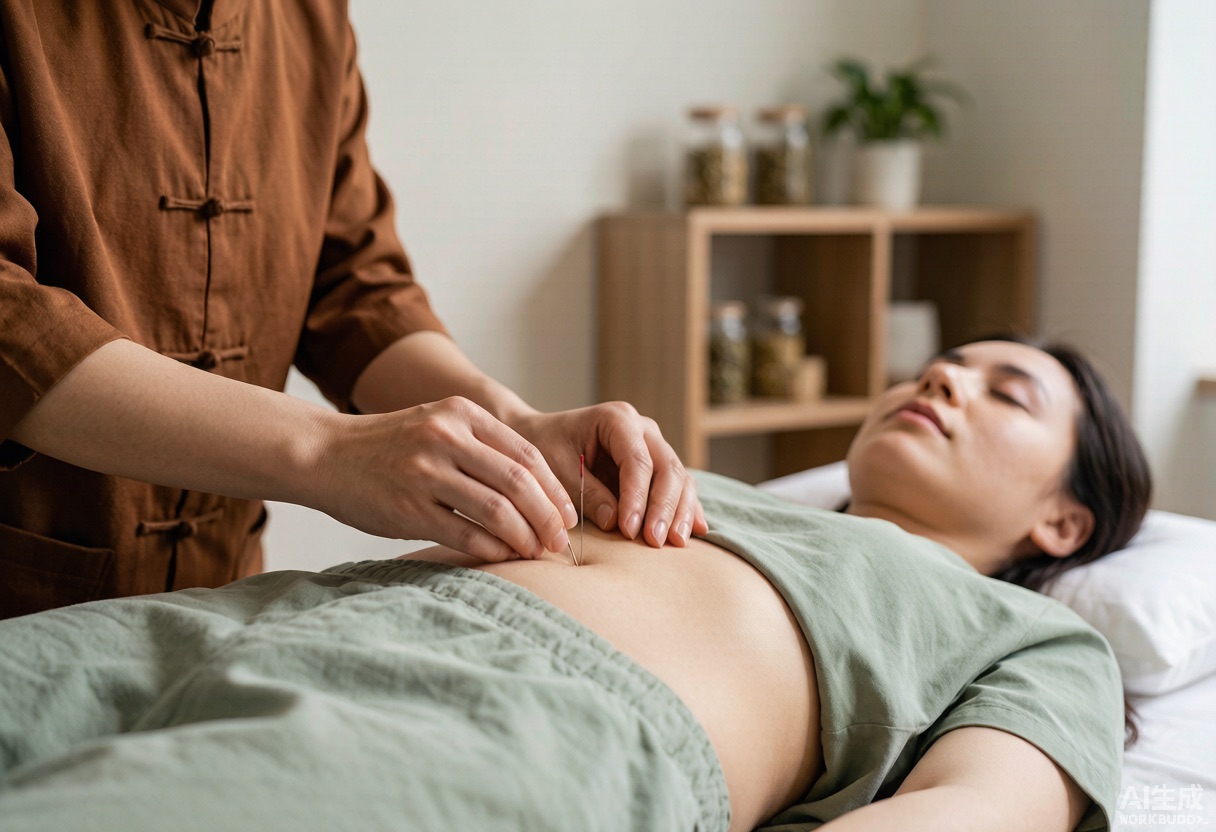 Practitioner performing abdominal acupuncture in a calm clinic